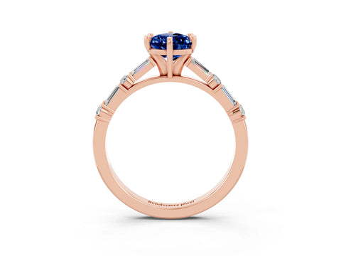 Rose gold Pear Cut Blue Sapphire Solitaire with Side Baguettes and Channel Set Band_3