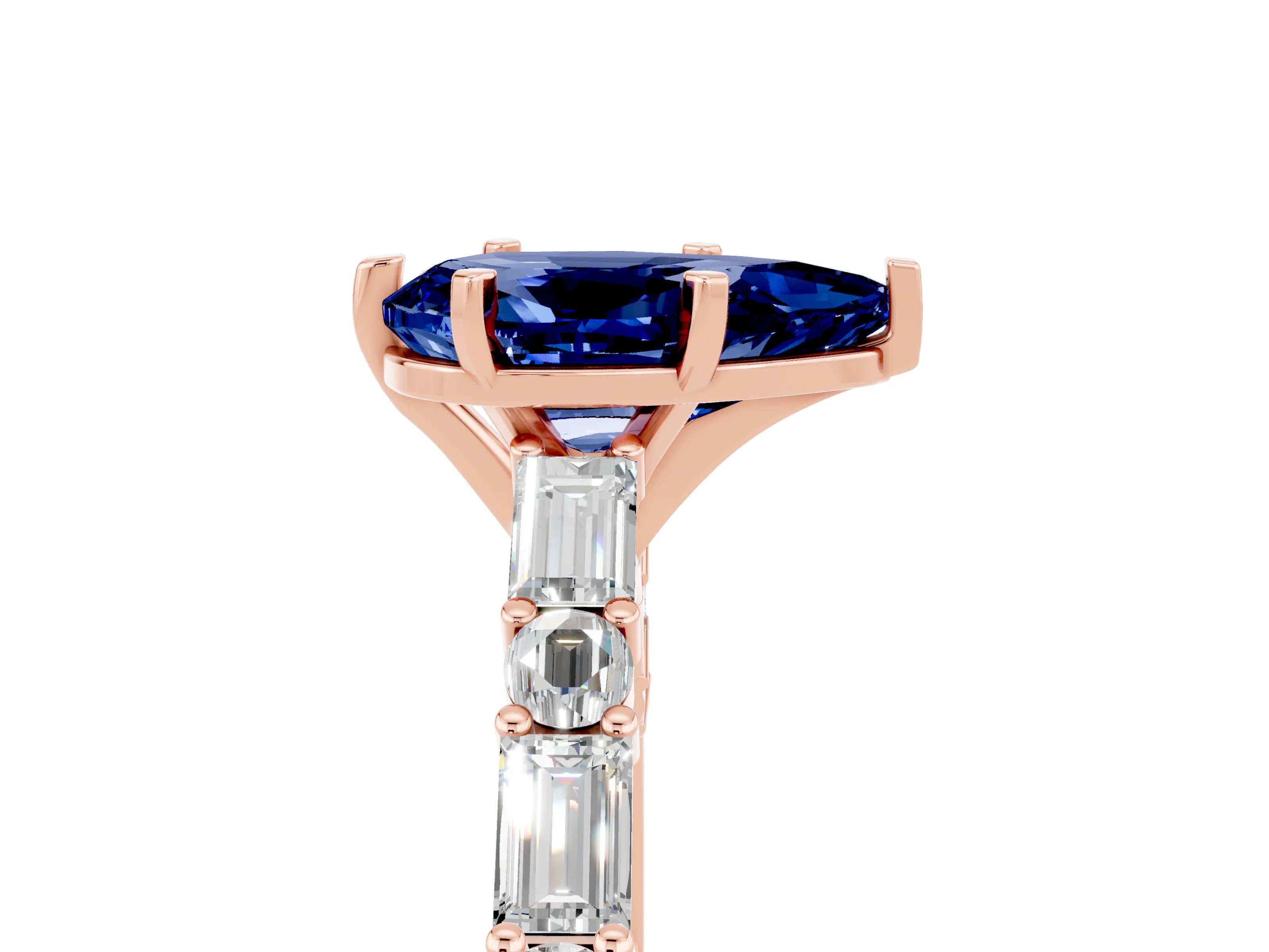 Rose gold Pear Cut Blue Sapphire Solitaire with Side Baguettes and Channel Set Band_5