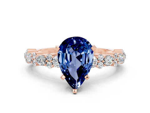 Rose gold Pear Cut Blue Sapphire Solitaire with Side Stones, Pave Band, Four-Prong Setting_36