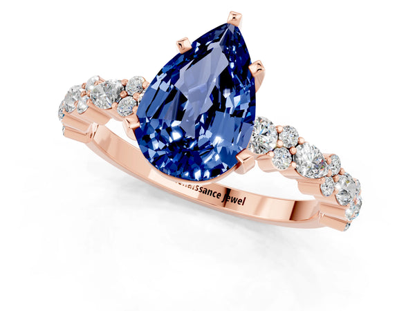 Rose gold Pear Cut Blue Sapphire Side Stone Solitaire Ring with Round  and Four-Prong Setting