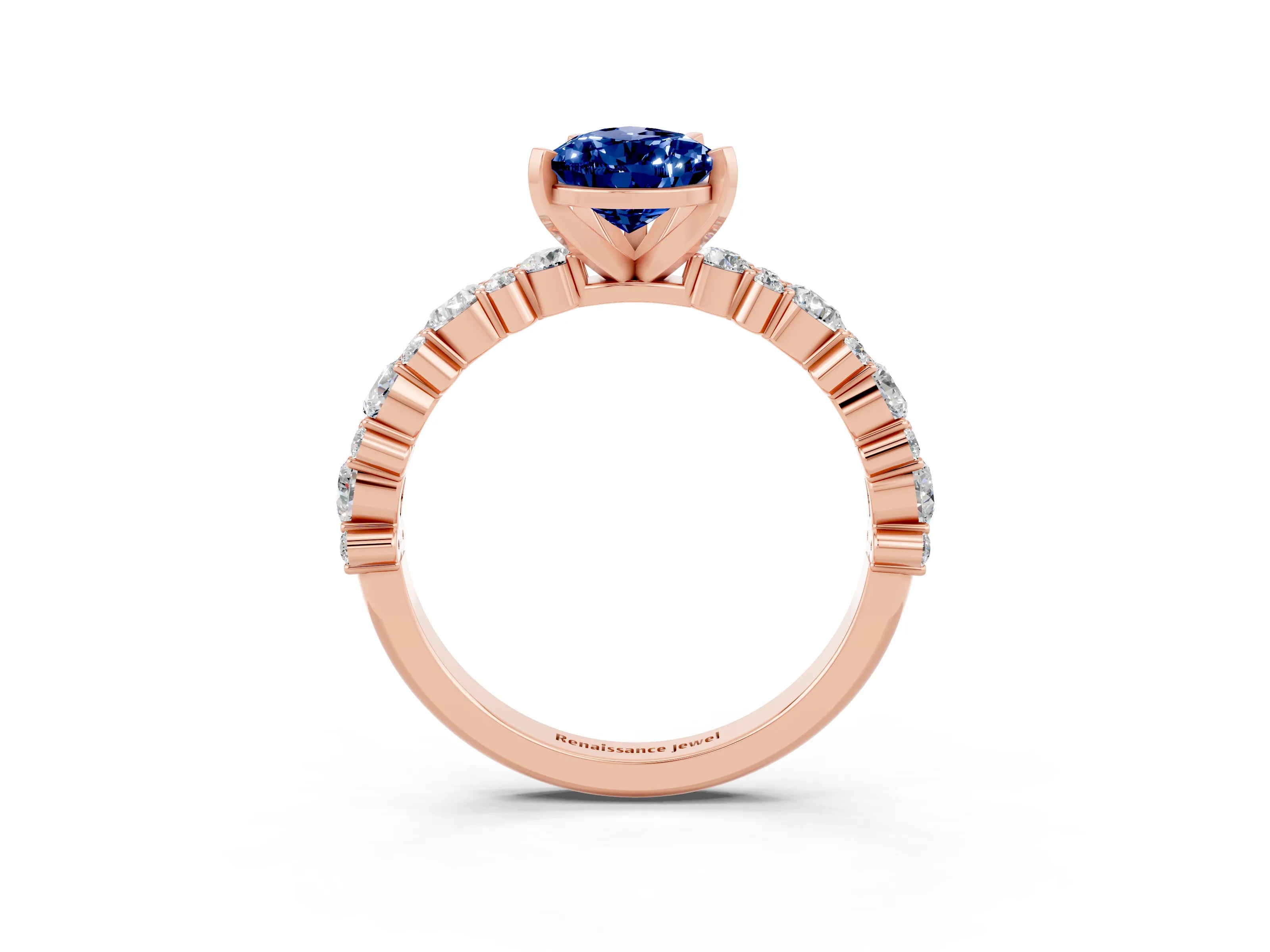 Rose gold Pear Cut Blue Sapphire Solitaire with Side Stones, Pave Band, Four-Prong Setting_39