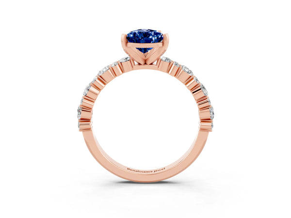 Rose gold Pear Cut Blue Sapphire Side Stone Solitaire Ring with Round  and Four-Prong Setting