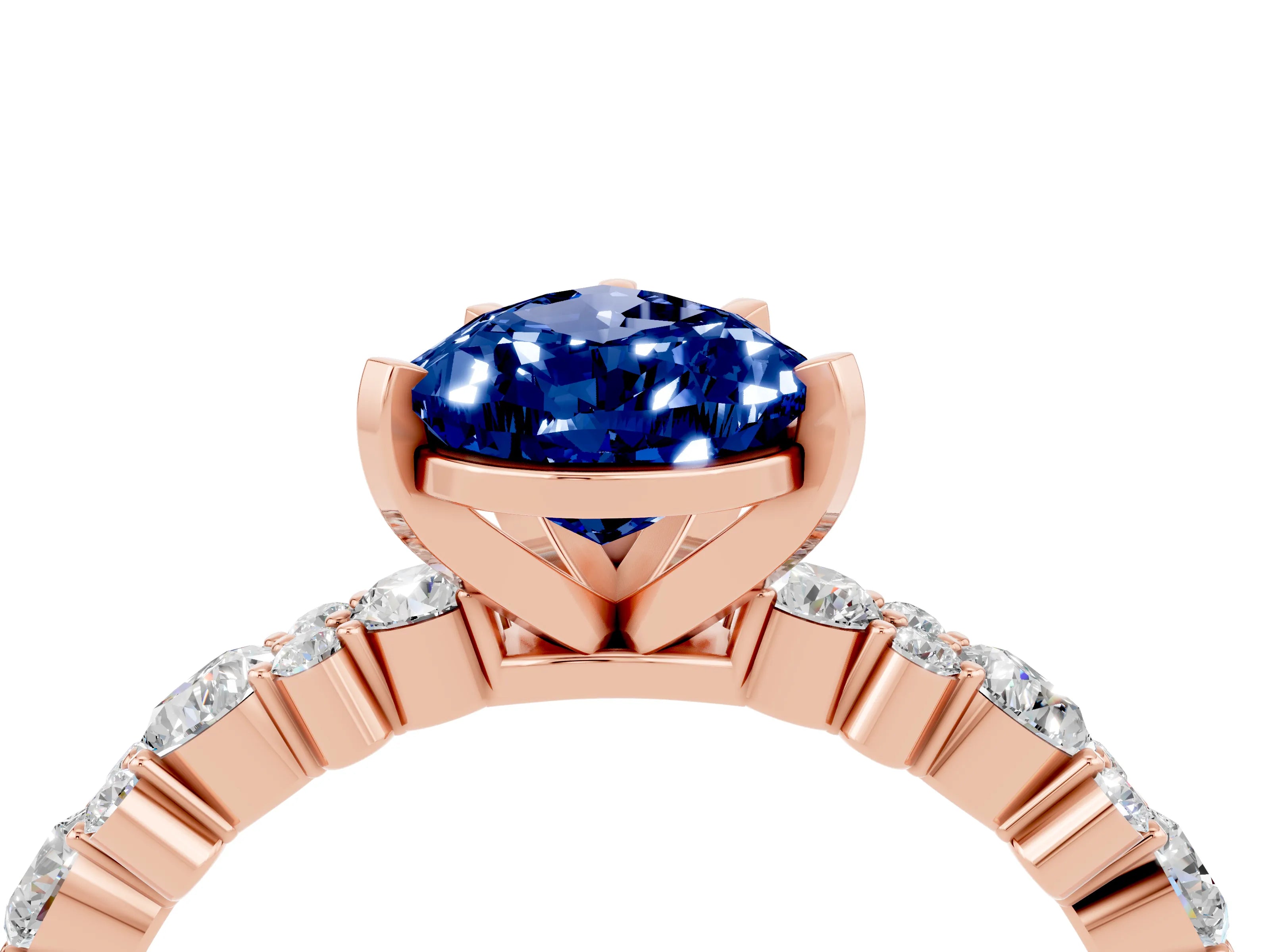 Rose gold Pear Cut Blue Sapphire Solitaire with Side Stones, Pave Band, Four-Prong Setting_40
