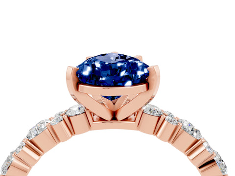 Rose gold Pear Cut Blue Sapphire Solitaire with Side Stones, Pave Band, Four-Prong Setting_40