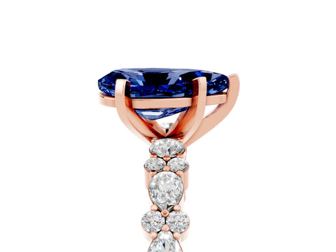 Rose gold Pear Cut Blue Sapphire Solitaire with Side Stones, Pave Band, Four-Prong Setting_41
