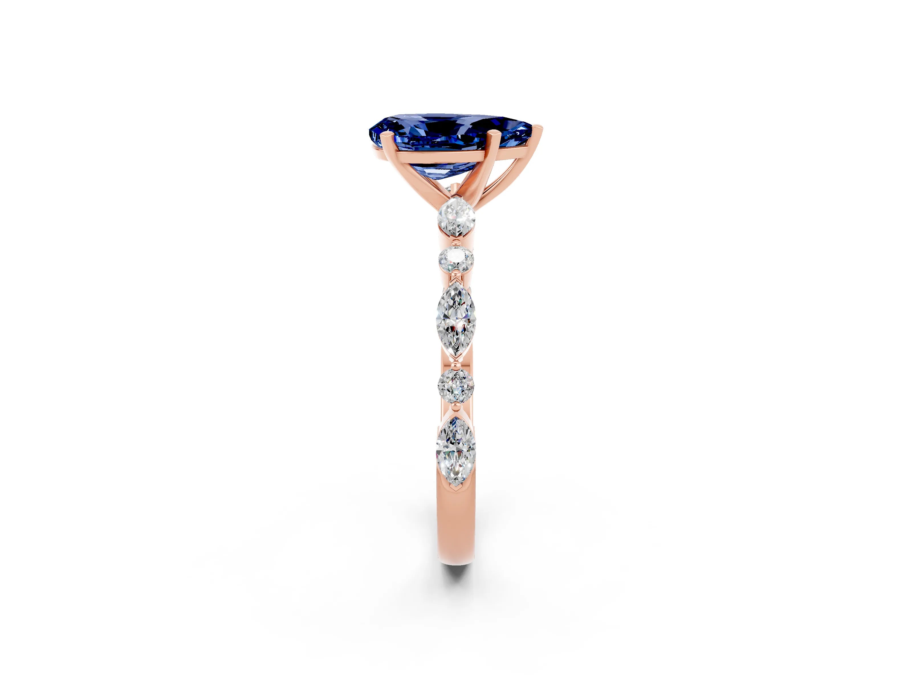 Rose gold Pear Cut Blue Sapphire Solitaire with Side Stones on a Pavé Band and Four-Prong Setting_2
