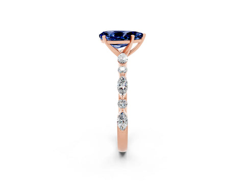 Rose gold Pear Cut Blue Sapphire Solitaire with Side Stones on a Pavé Band and Four-Prong Setting_2