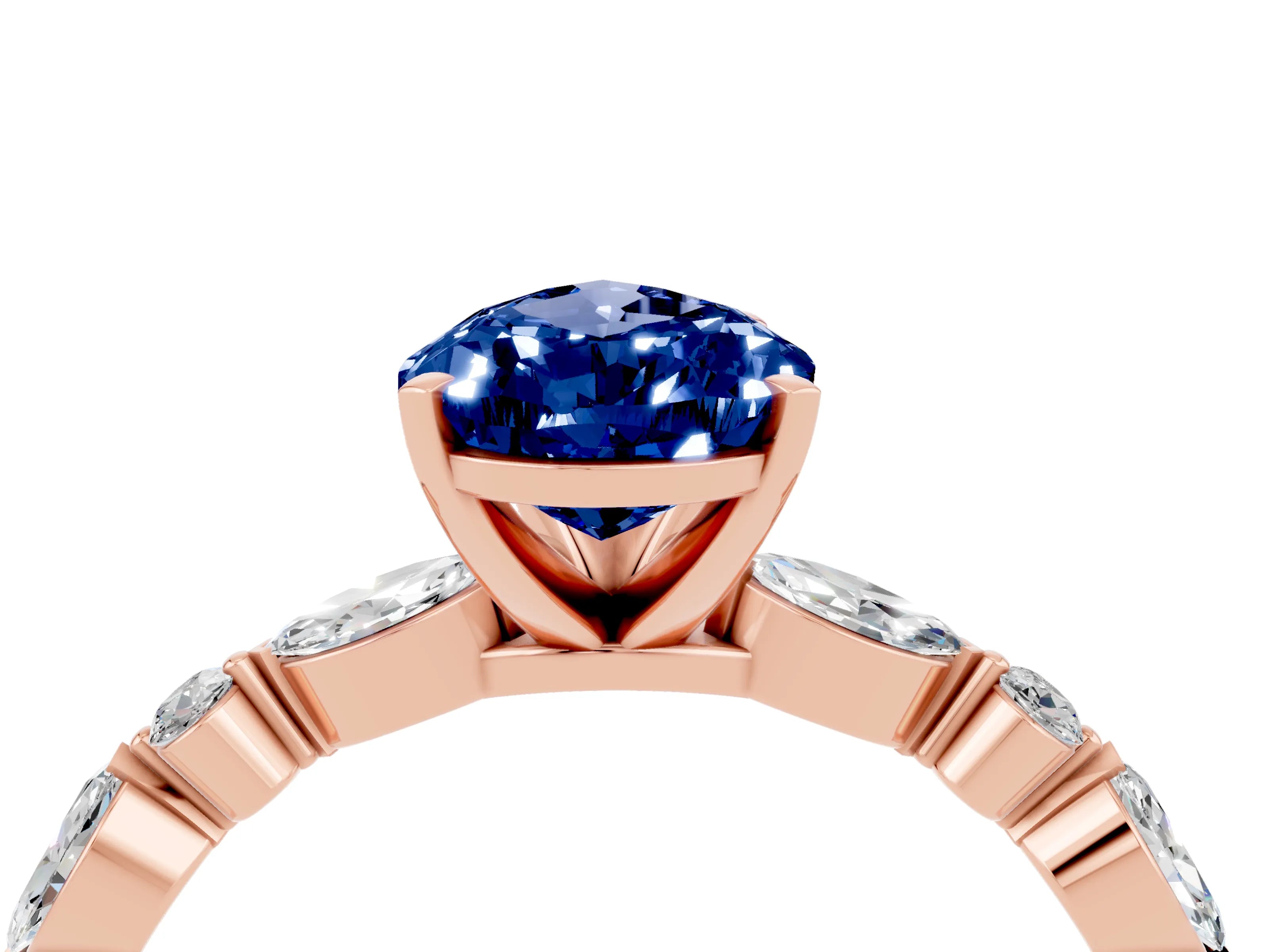Rose gold Pear Cut Blue Sapphire Solitaire with Side Stones on a Pavé Band and Four-Prong Setting_4