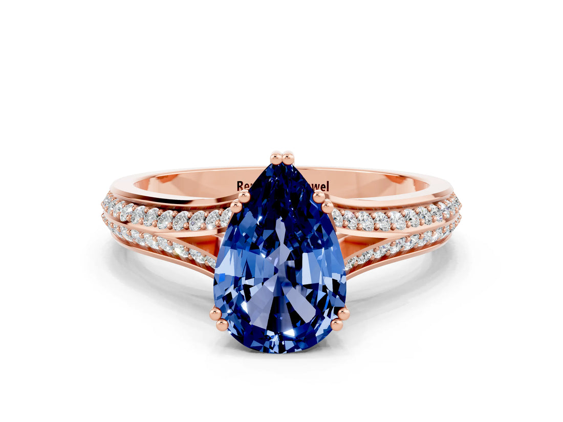 Rose gold Pear Cut Blue Sapphire Split Shank Engagement Ring with Pavé Band