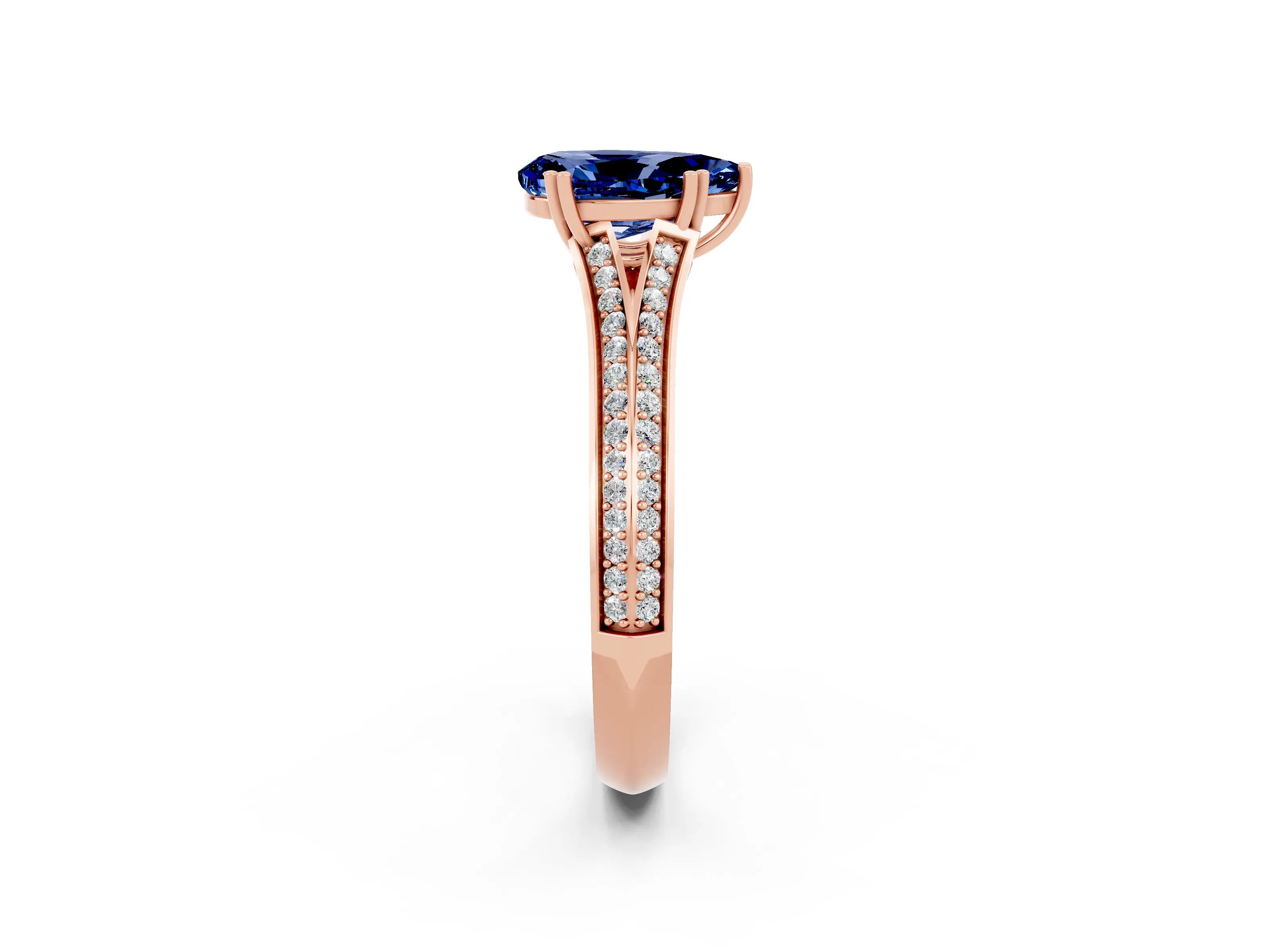 Rose gold Pear Cut Blue Sapphire Split Shank Engagement Ring with Pavé Band_2