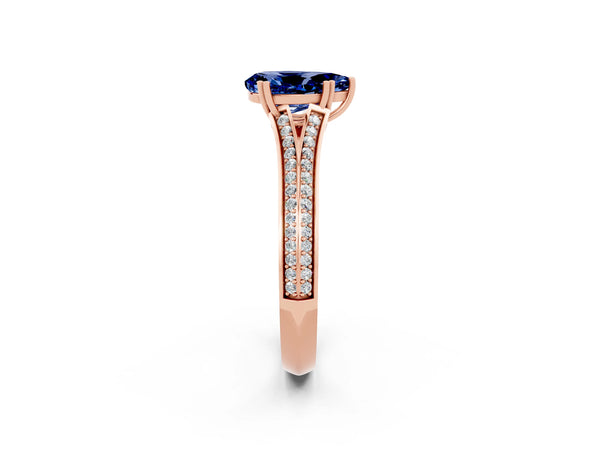 Rose gold Pear Cut Blue Sapphire Split Shank Engagement Ring with Pavé Band