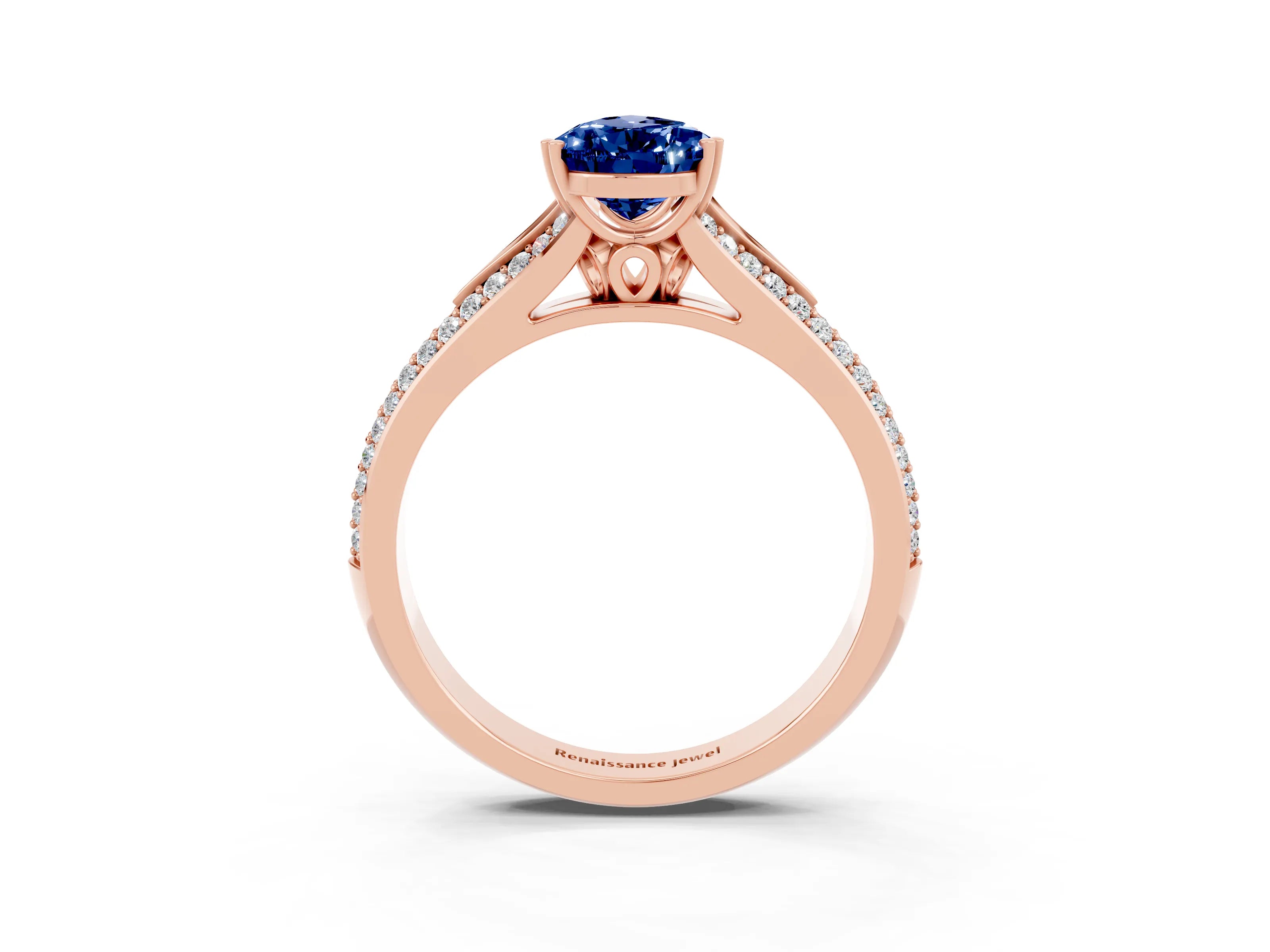 Rose gold Pear Cut Blue Sapphire Split Shank Engagement Ring with Pavé Band_3