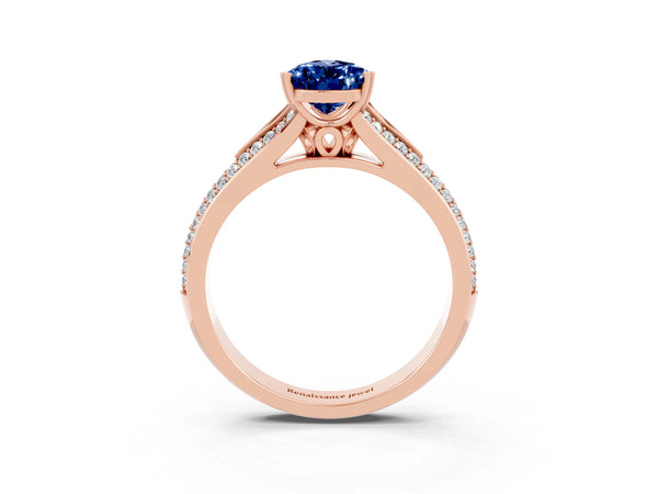 Rose gold Pear Cut Blue Sapphire Split Shank Engagement Ring with Pavé Band