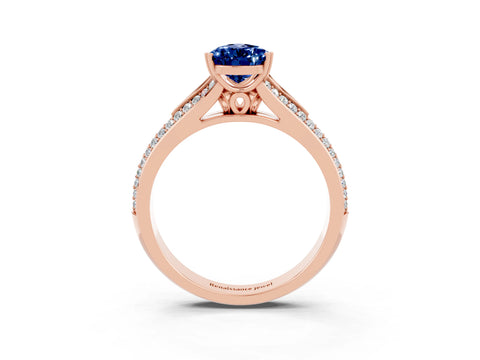 Rose gold Pear Cut Blue Sapphire Split Shank Engagement Ring with Pavé Band_3