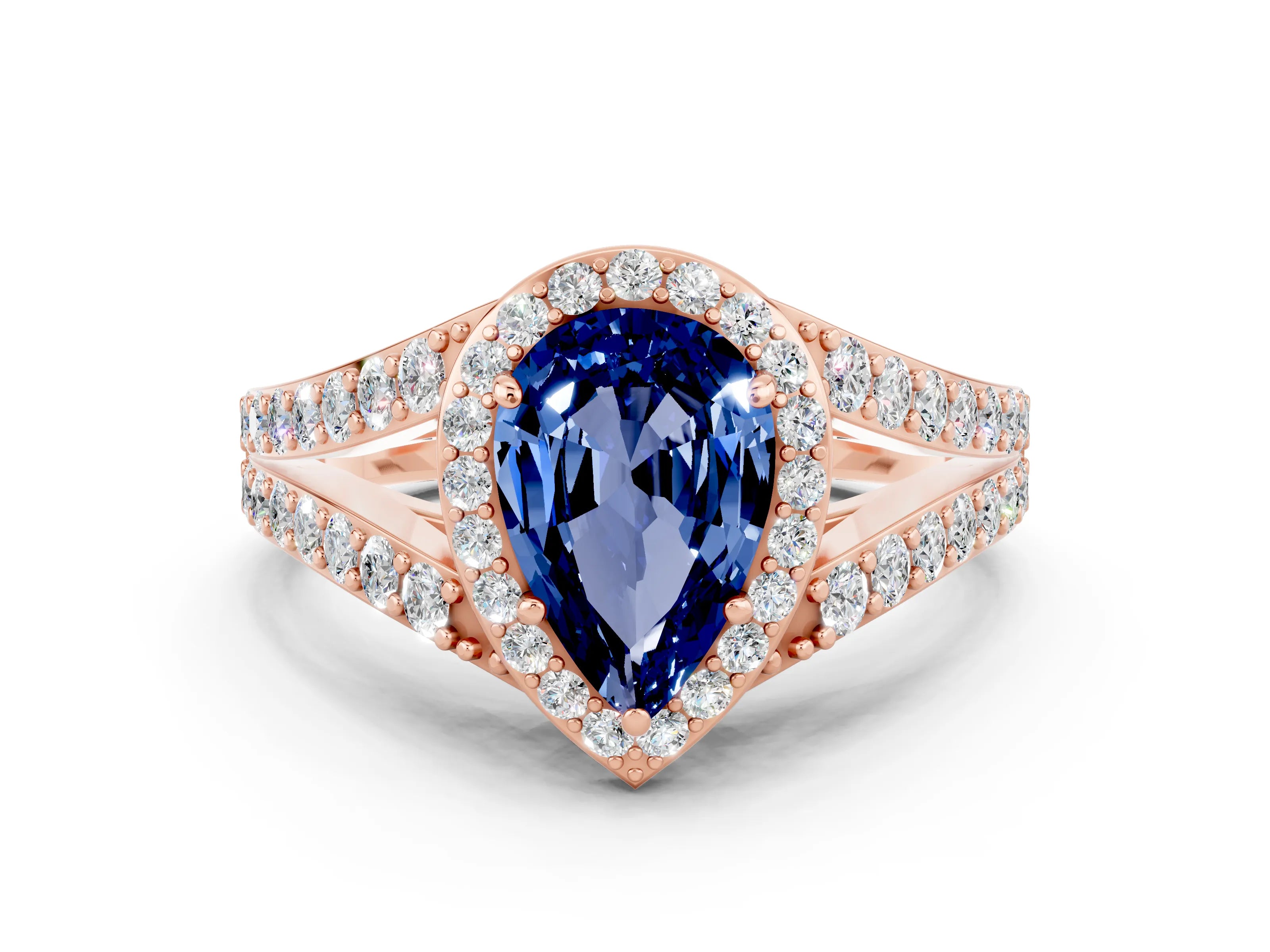 Rose gold Pear Cut Blue Sapphire Split Shank Halo Ring with Four-Prong Setting_12