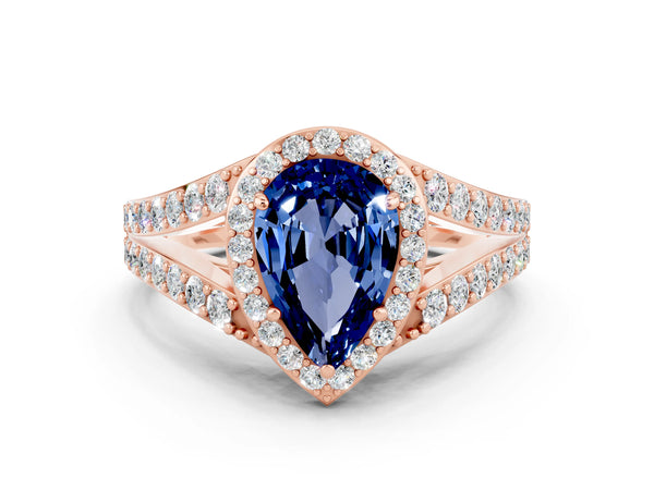 Rose gold Pear Cut Blue Sapphire Split Shank Halo Ring with Four-Prong Setting
