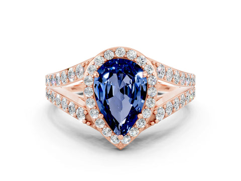 Rose gold Pear Cut Blue Sapphire Split Shank Halo Ring with Four-Prong Setting_12