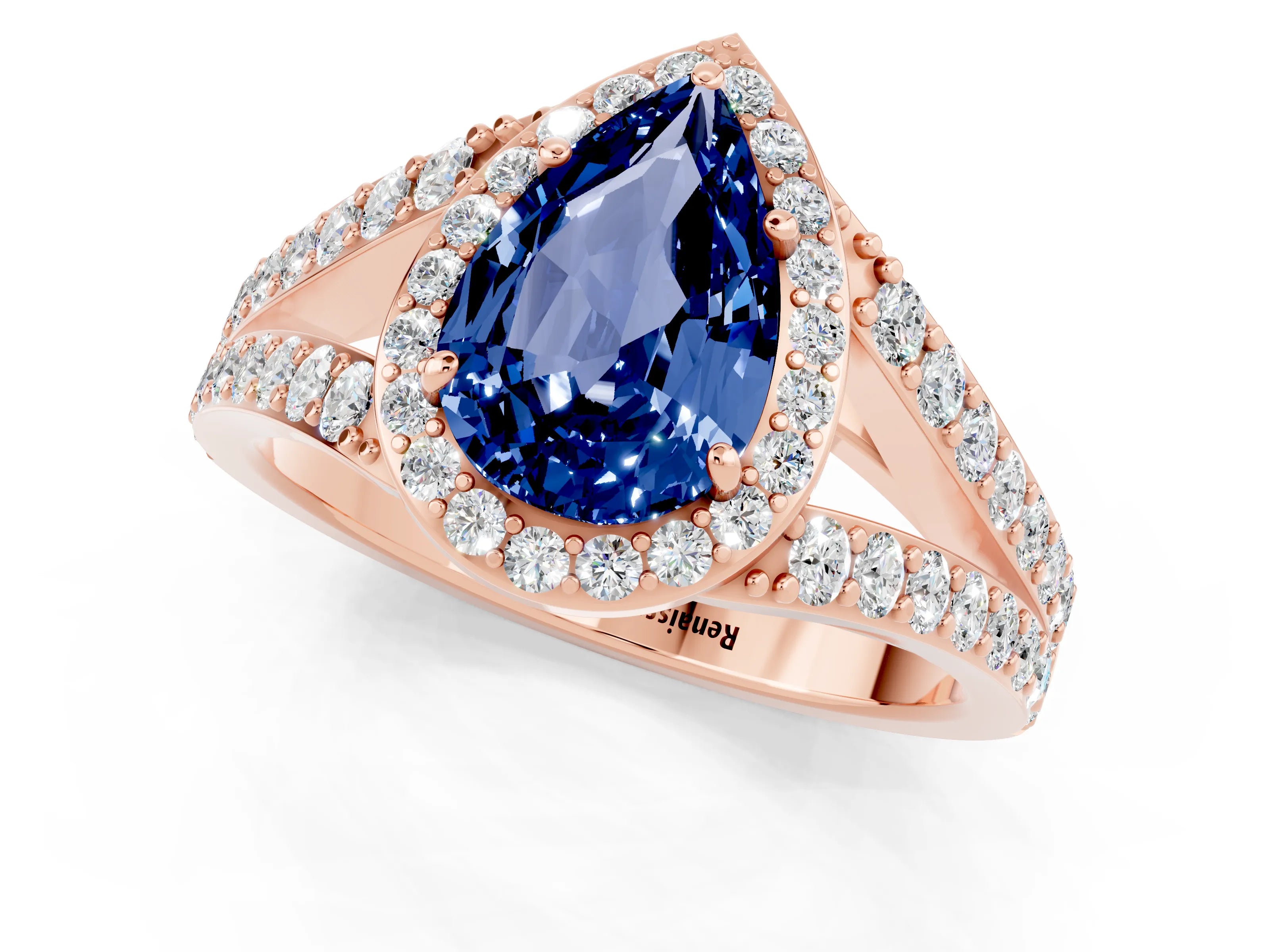 Rose gold Pear Cut Blue Sapphire Split Shank Halo Ring with Four-Prong Setting_13