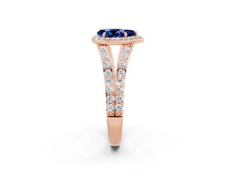 Rose gold Pear Cut Blue Sapphire Split Shank Halo Ring with Four-Prong Setting_14