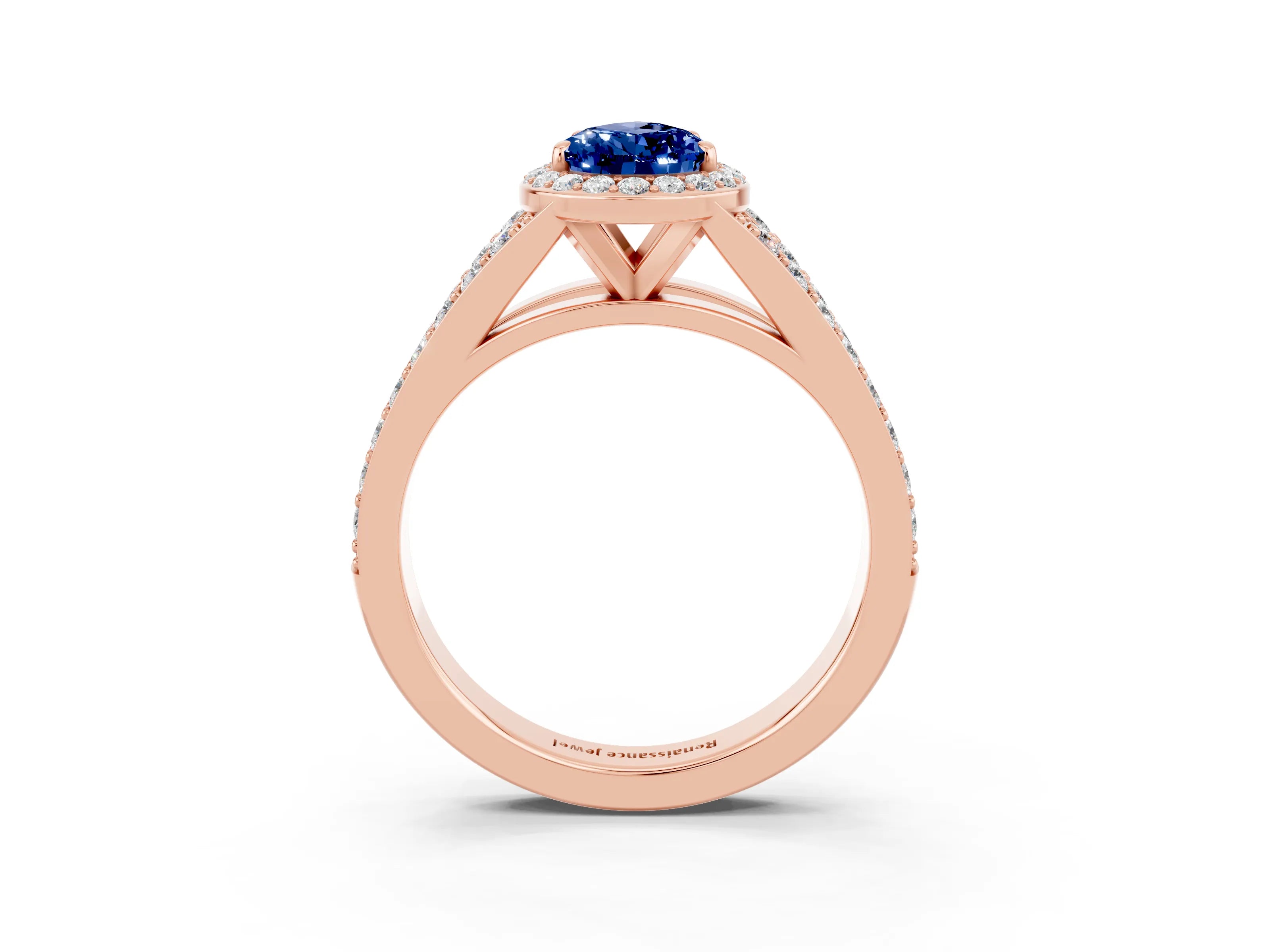 Rose gold Pear Cut Blue Sapphire Split Shank Halo Ring with Four-Prong Setting_15