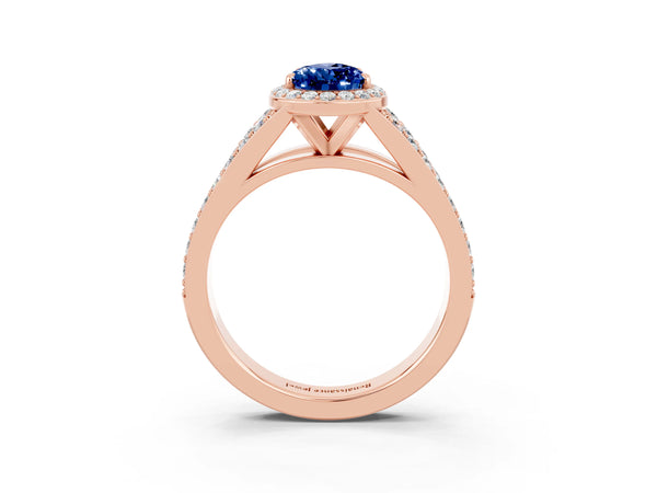 Rose gold Pear Cut Blue Sapphire Split Shank Halo Ring with Four-Prong Setting