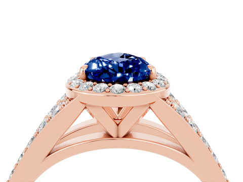 Rose gold Pear Cut Blue Sapphire Split Shank Halo Ring with Four-Prong Setting_16