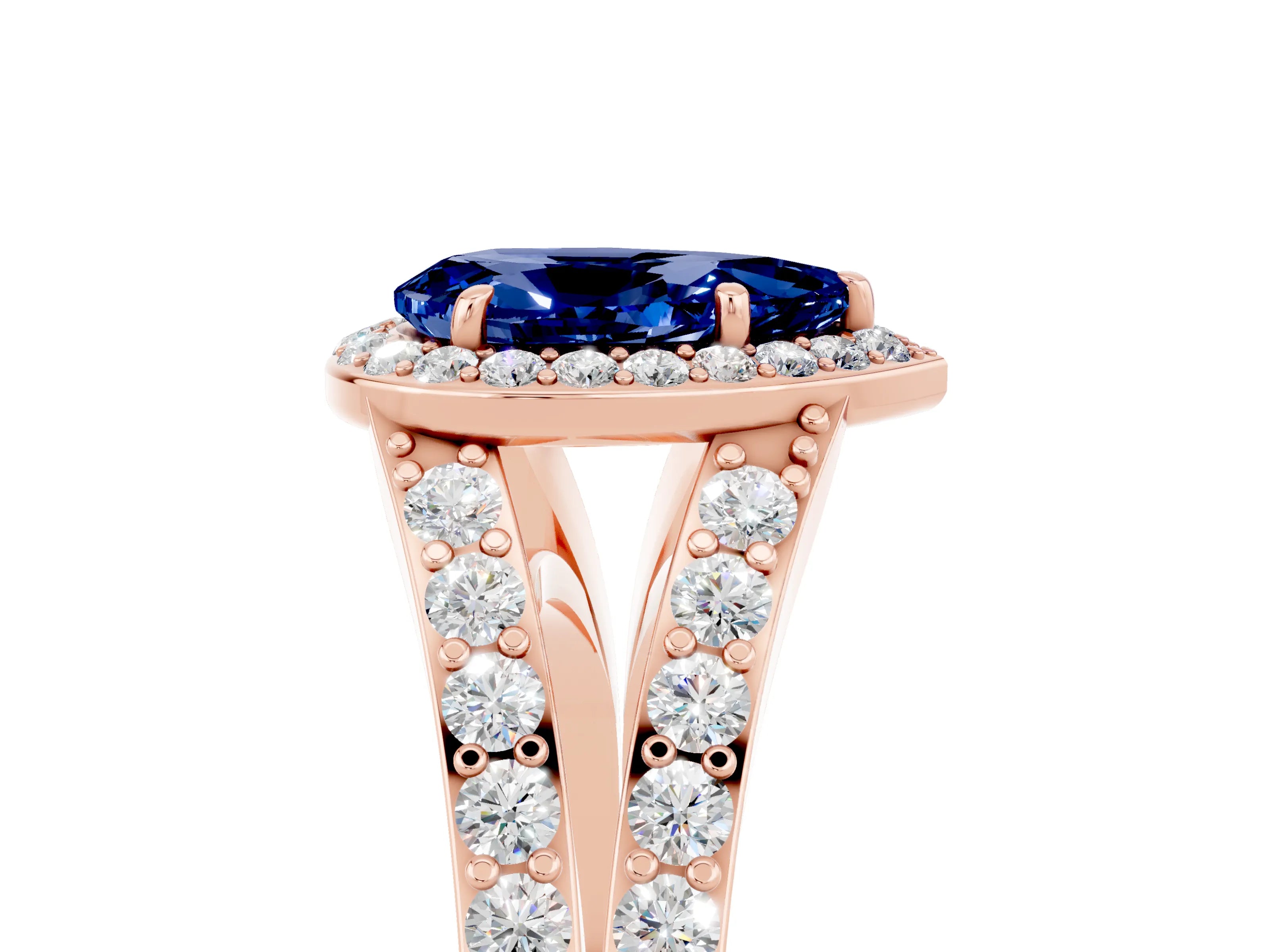 Rose gold Pear Cut Blue Sapphire Split Shank Halo Ring with Four-Prong Setting_17