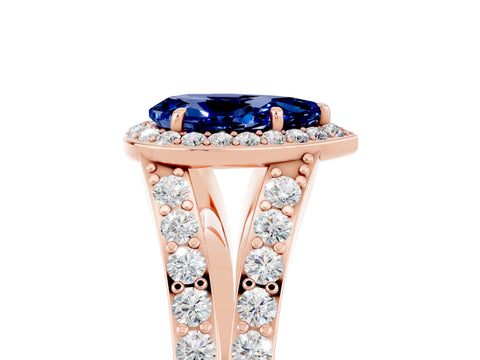 Rose gold Pear Cut Blue Sapphire Split Shank Halo Ring with Four-Prong Setting_17