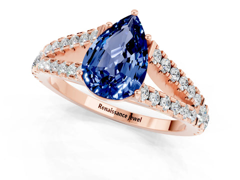 Rose gold Pear Cut Blue Sapphire Split Shank Pavé Engagement Ring with Four-Prong Setting_13