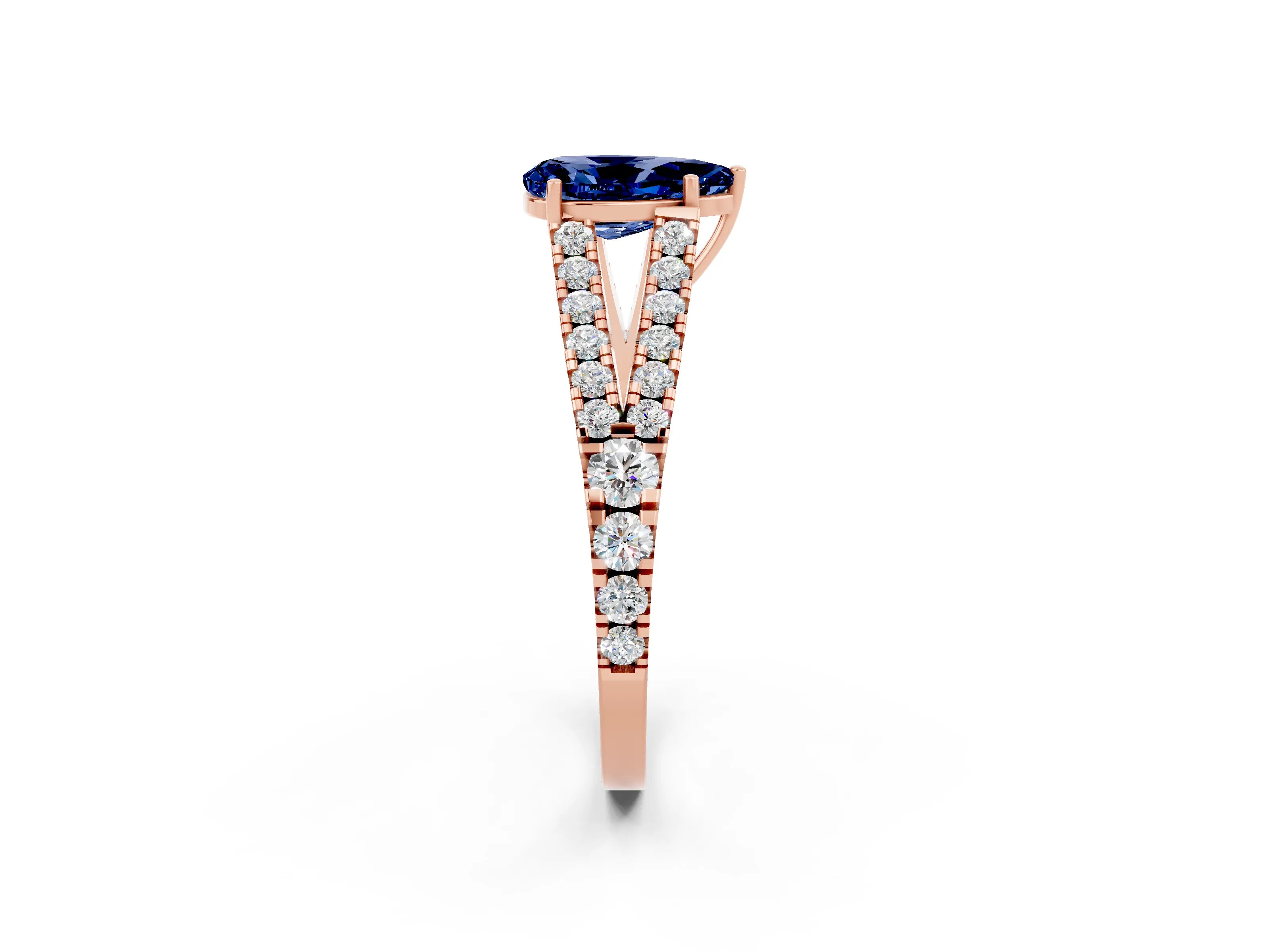 Rose gold Pear Cut Blue Sapphire Split Shank Pavé Engagement Ring with Four-Prong Setting_14