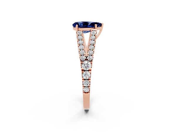 Rose gold Pear Cut Blue Sapphire Split Shank Pavé Engagement Ring with Four-Prong Setting