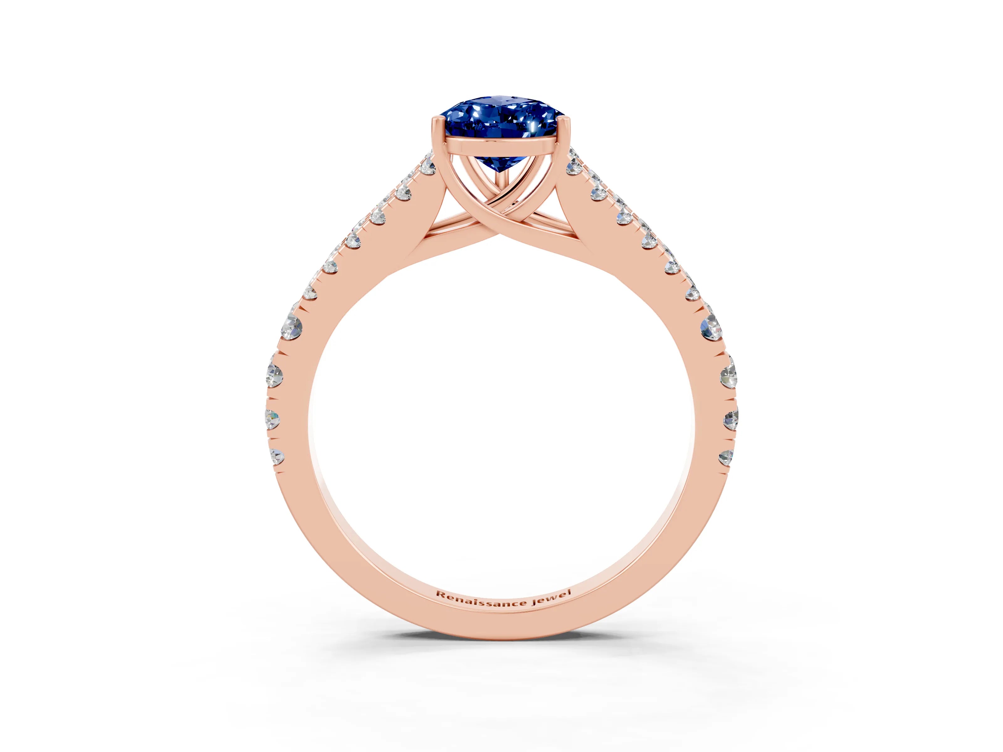 Rose gold Pear Cut Blue Sapphire Split Shank Pavé Engagement Ring with Four-Prong Setting_15