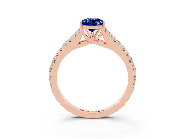 Rose gold Pear Cut Blue Sapphire Split Shank Pavé Engagement Ring with Four-Prong Setting
