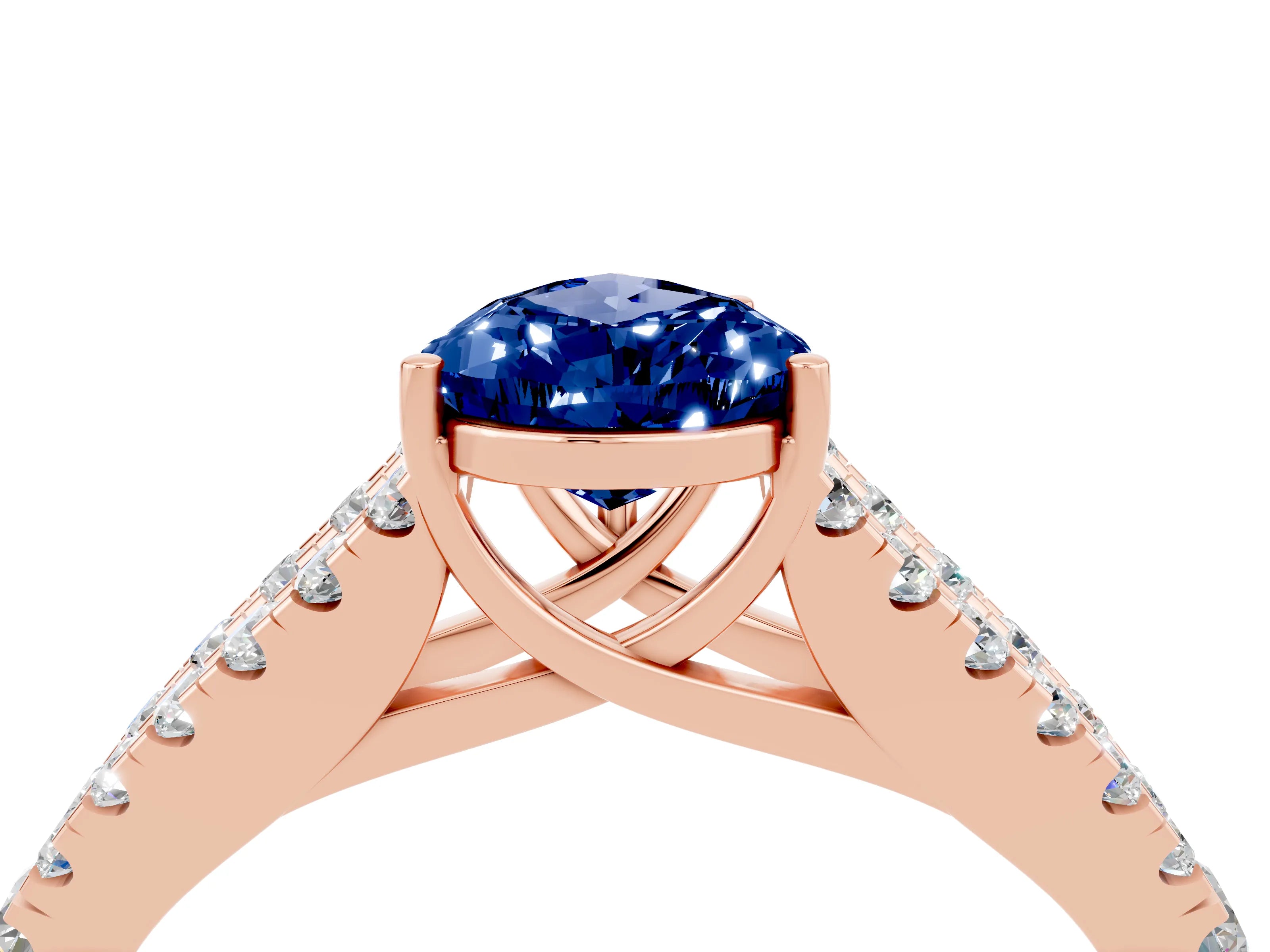 Rose gold Pear Cut Blue Sapphire Split Shank Pavé Engagement Ring with Four-Prong Setting_16