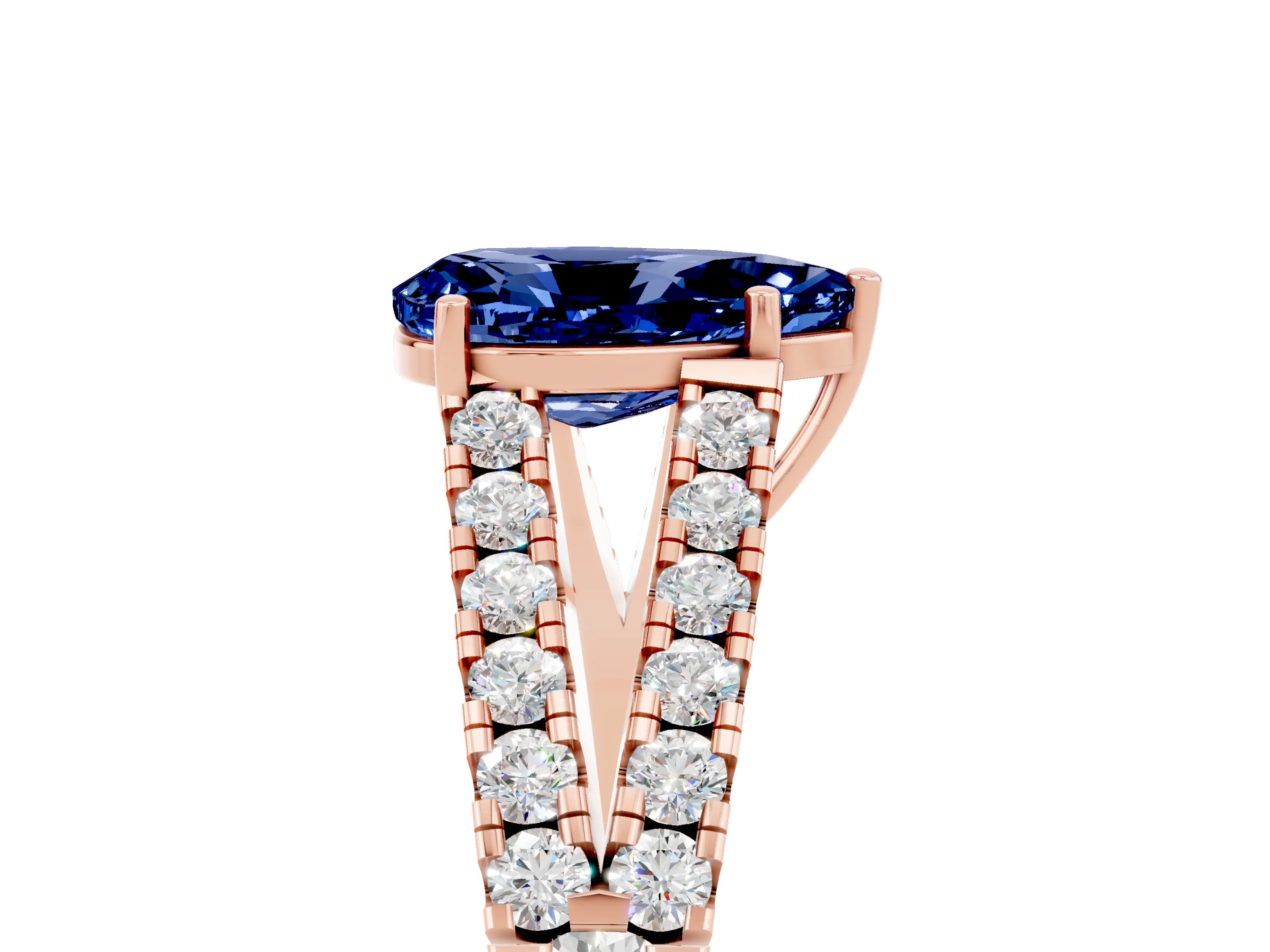 Rose gold Pear Cut Blue Sapphire Split Shank Pavé Engagement Ring with Four-Prong Setting_17