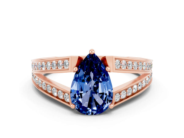 Rose gold Pear Cut Blue Sapphire Split Shank Ring with Pavé Band and Four-Prong Setting