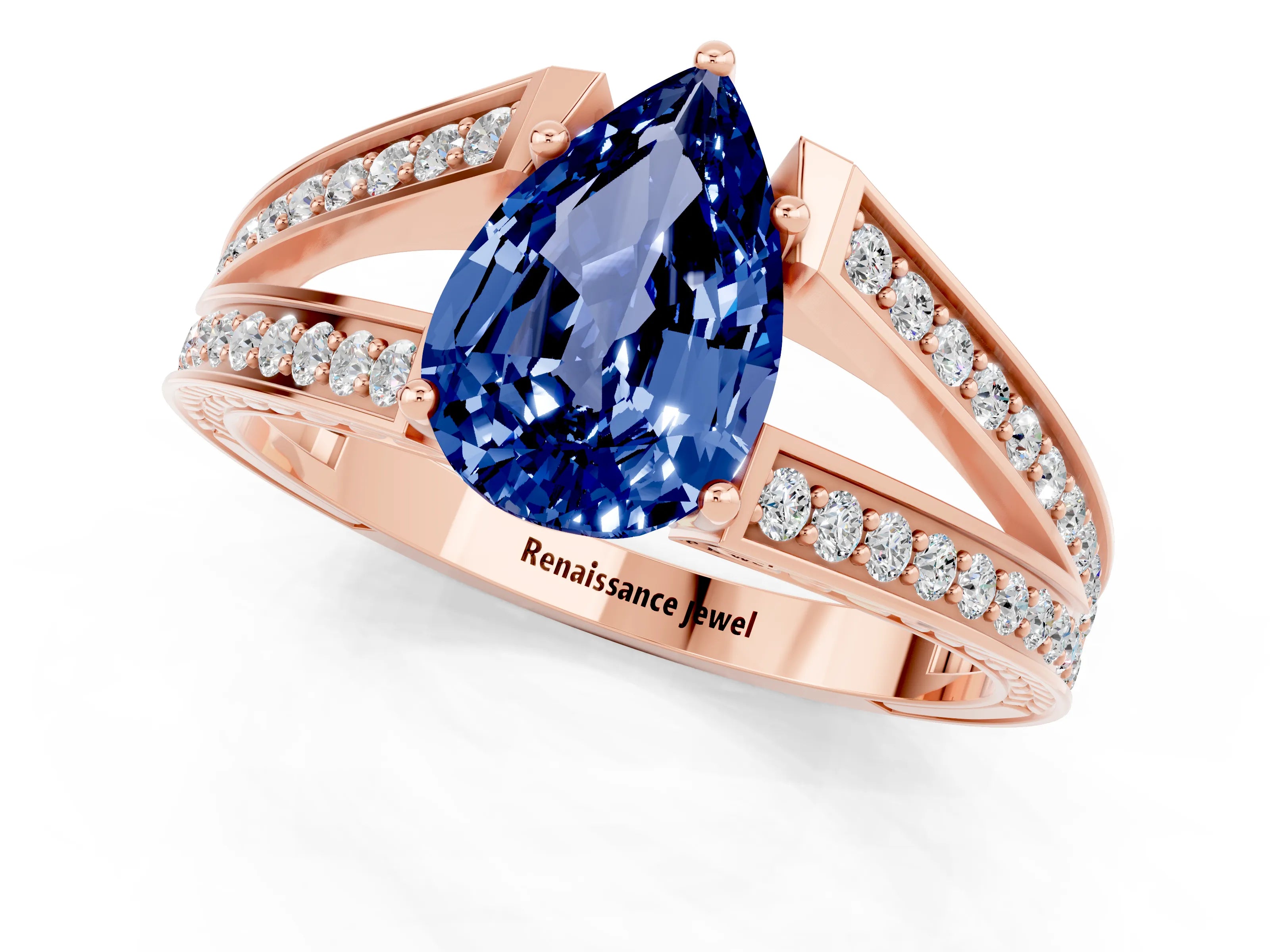 Rose gold Pear Cut Blue Sapphire Split Shank Ring with Pavé Band and Four-Prong Setting_1