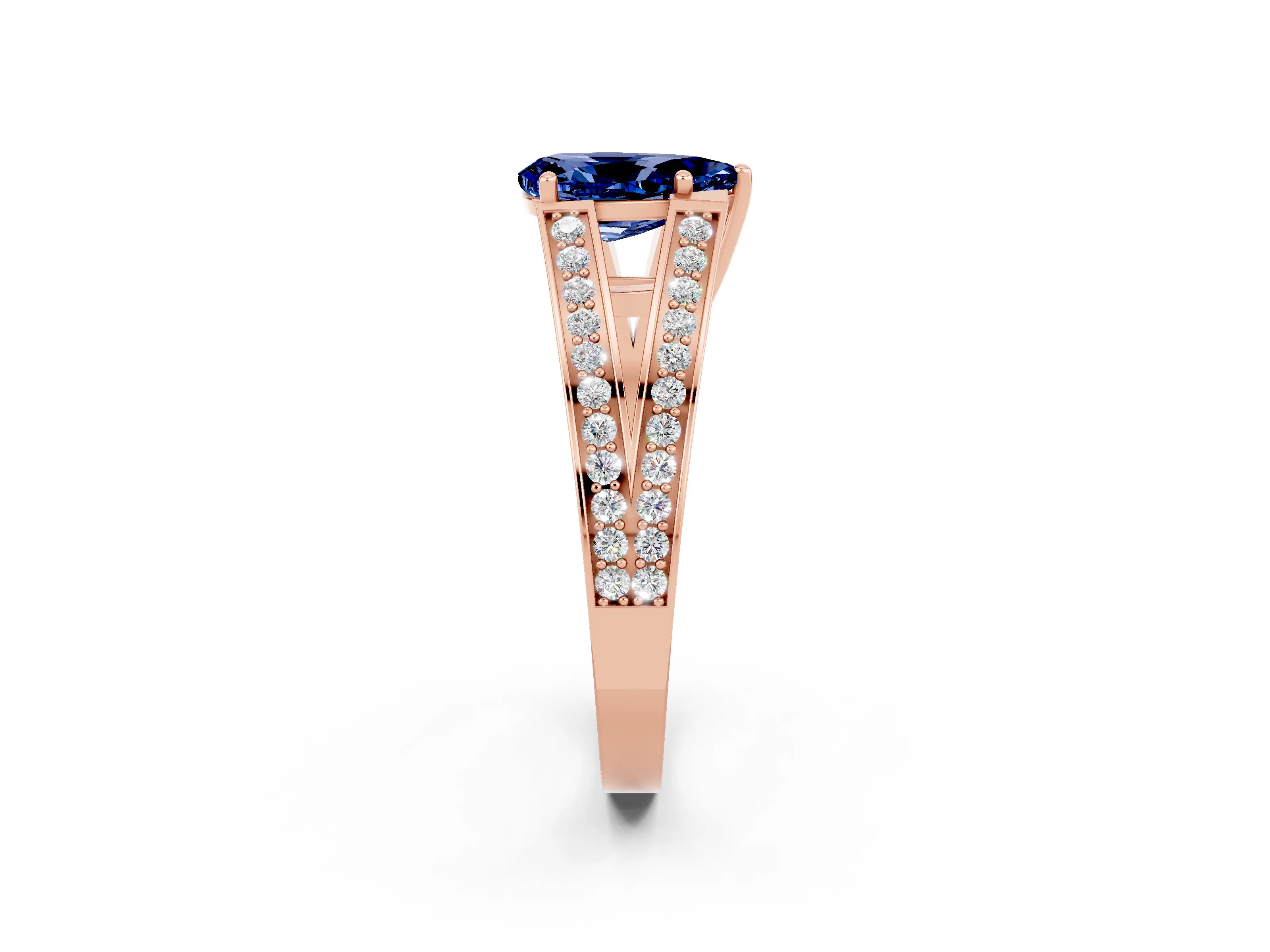 Rose gold Pear Cut Blue Sapphire Split Shank Ring with Pavé Band and Four-Prong Setting_2