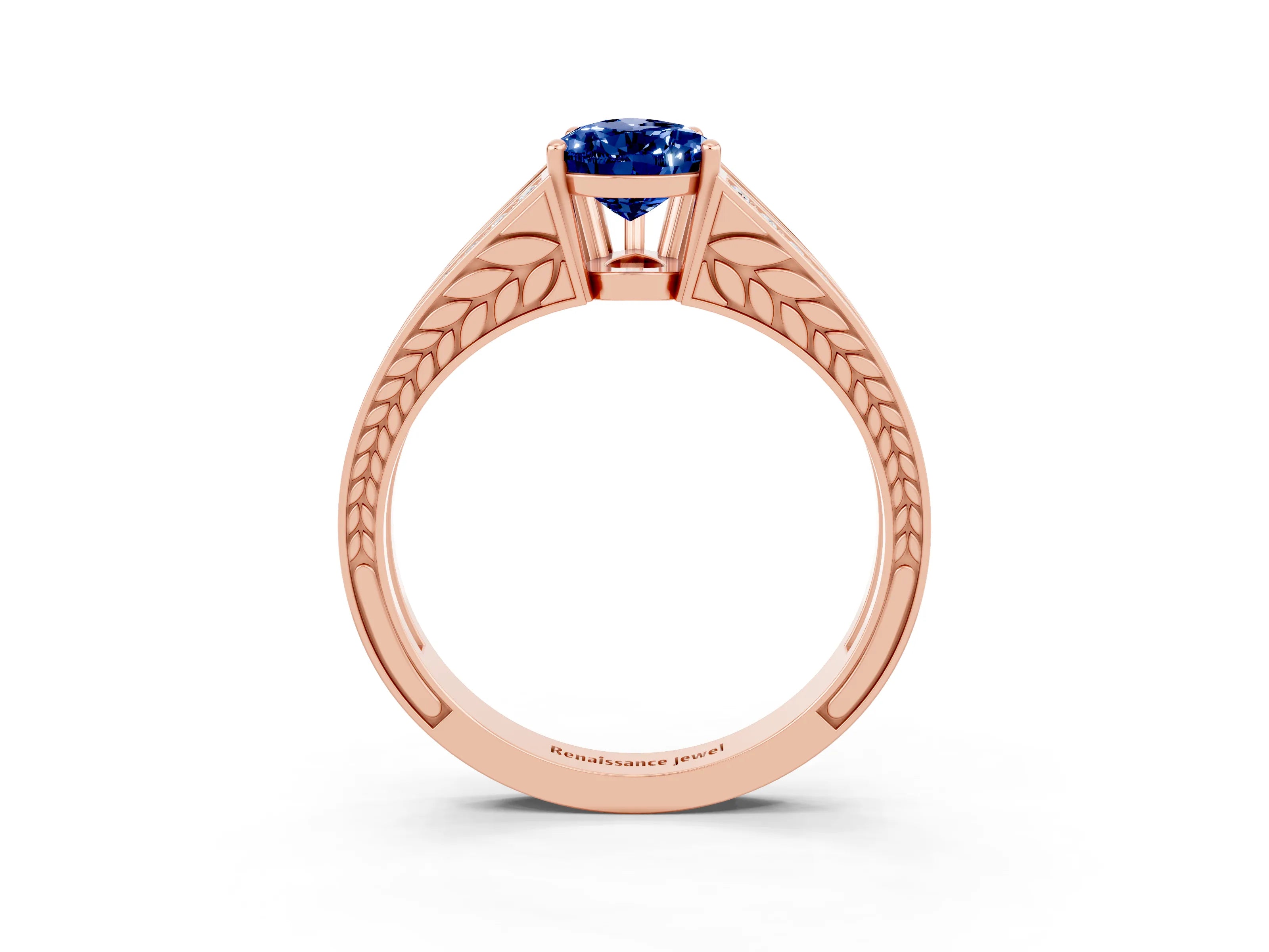 Rose gold Pear Cut Blue Sapphire Split Shank Ring with Pavé Band and Four-Prong Setting_3