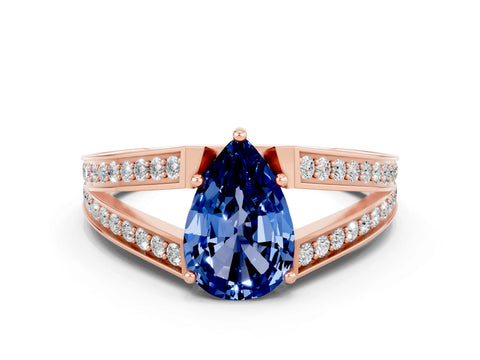Rose gold Pear Cut Blue Sapphire Split Shank Ring with Pavé Band and Four-Prong Setting