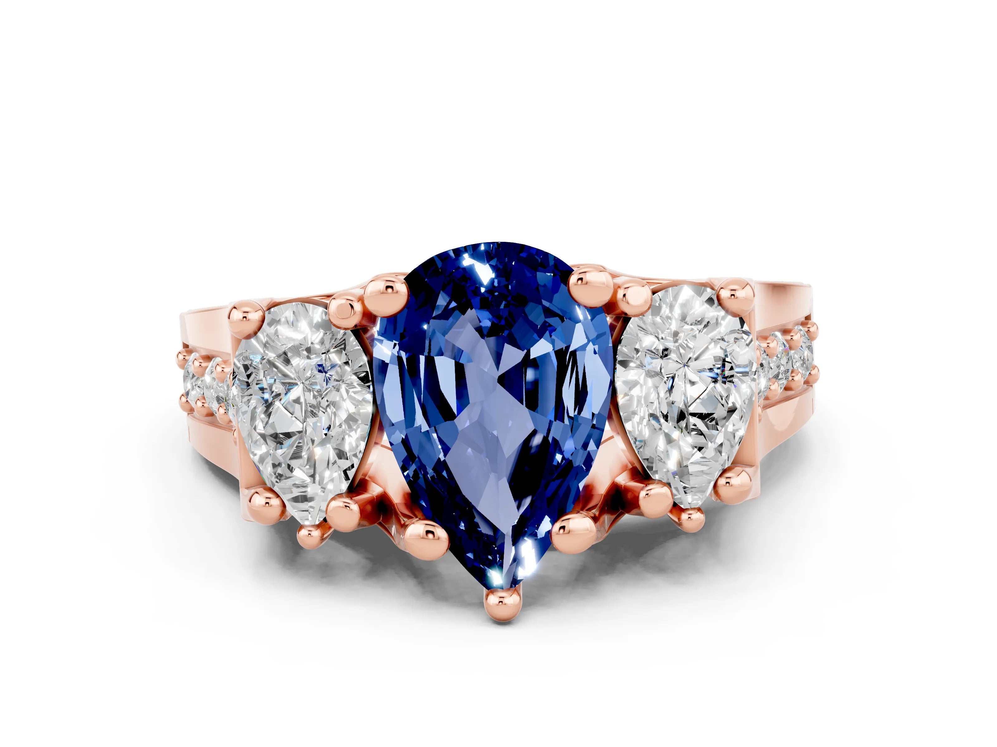 Rose gold Pear Cut Blue Sapphire Three-Stone Ring with Channel Set Band and Four-Prong Setting