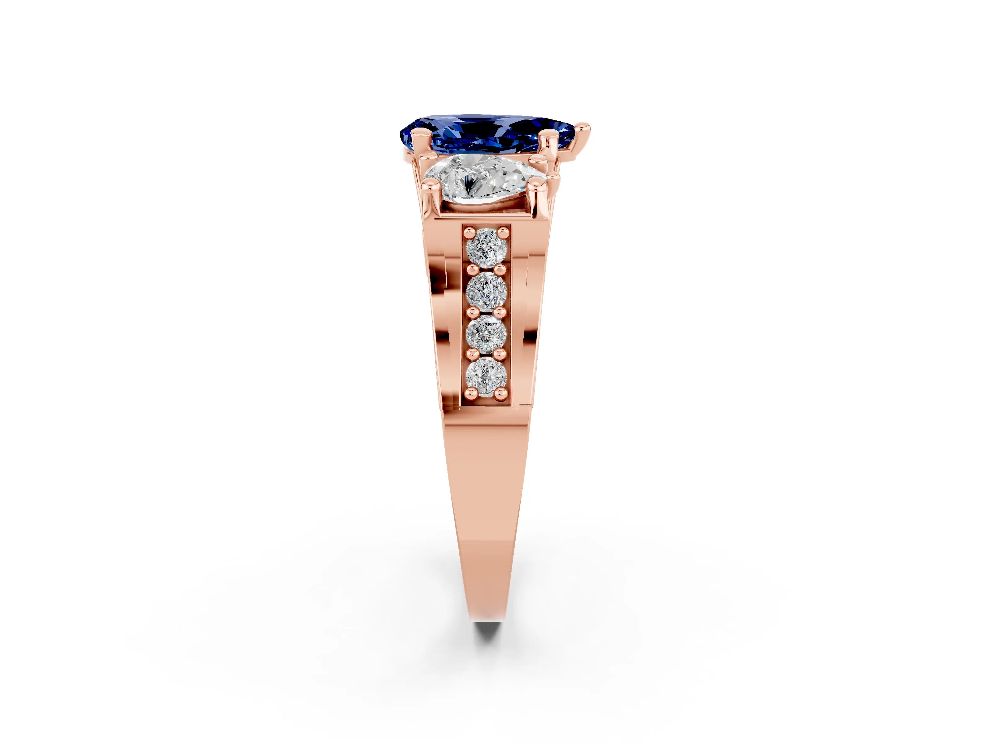 Rose gold Pear Cut Blue Sapphire Three-Stone Ring with Channel Set Band and Four-Prong Setting_2