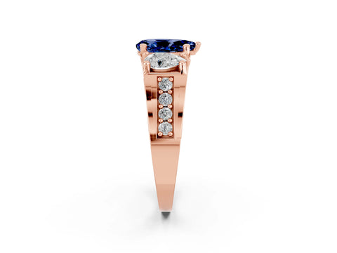 Rose gold Pear Cut Blue Sapphire Three-Stone Ring with Channel Set Band and Four-Prong Setting_2