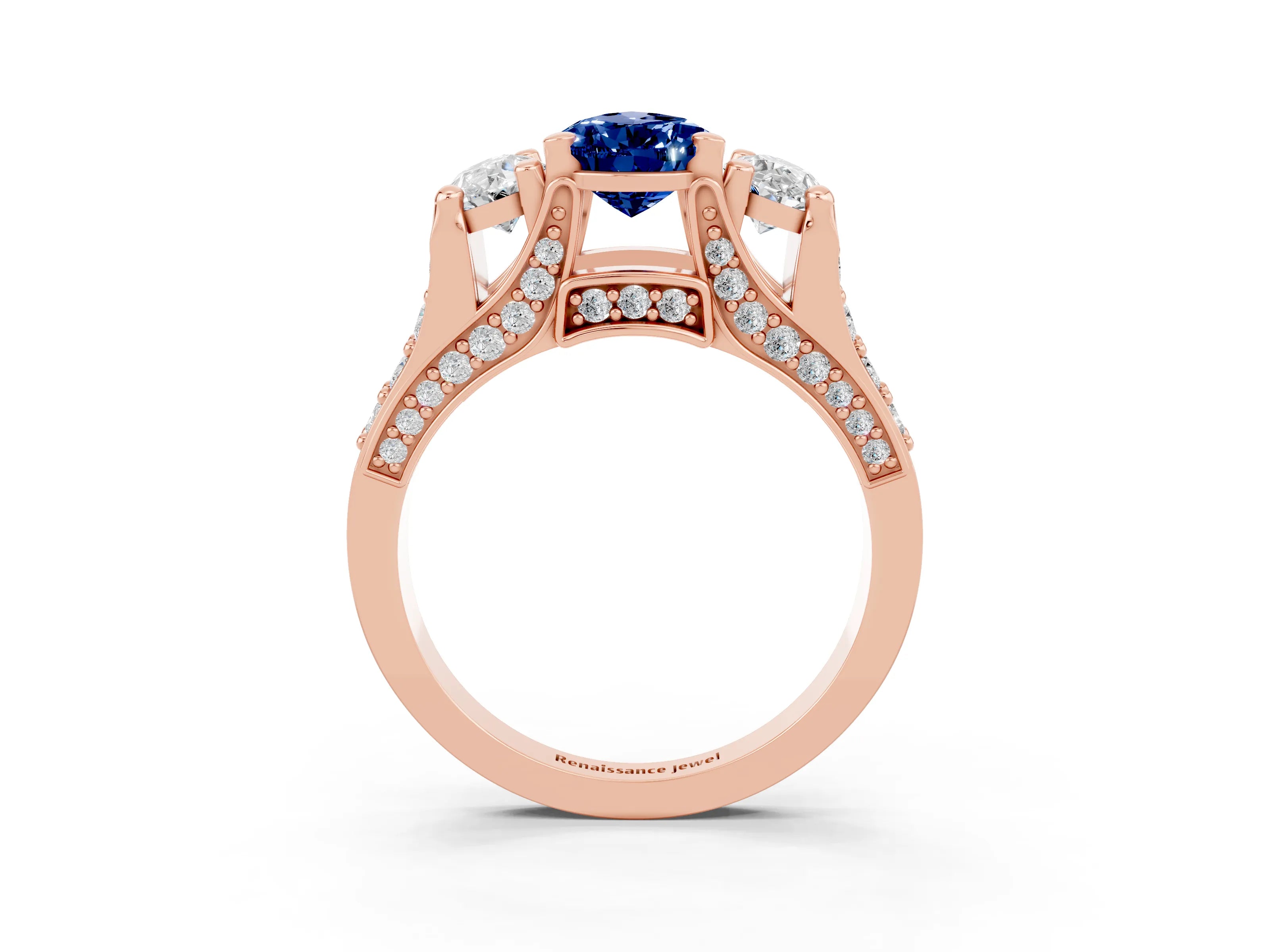 Rose gold Pear Cut Blue Sapphire Three-Stone Ring with Channel Set Band and Four-Prong Setting_3