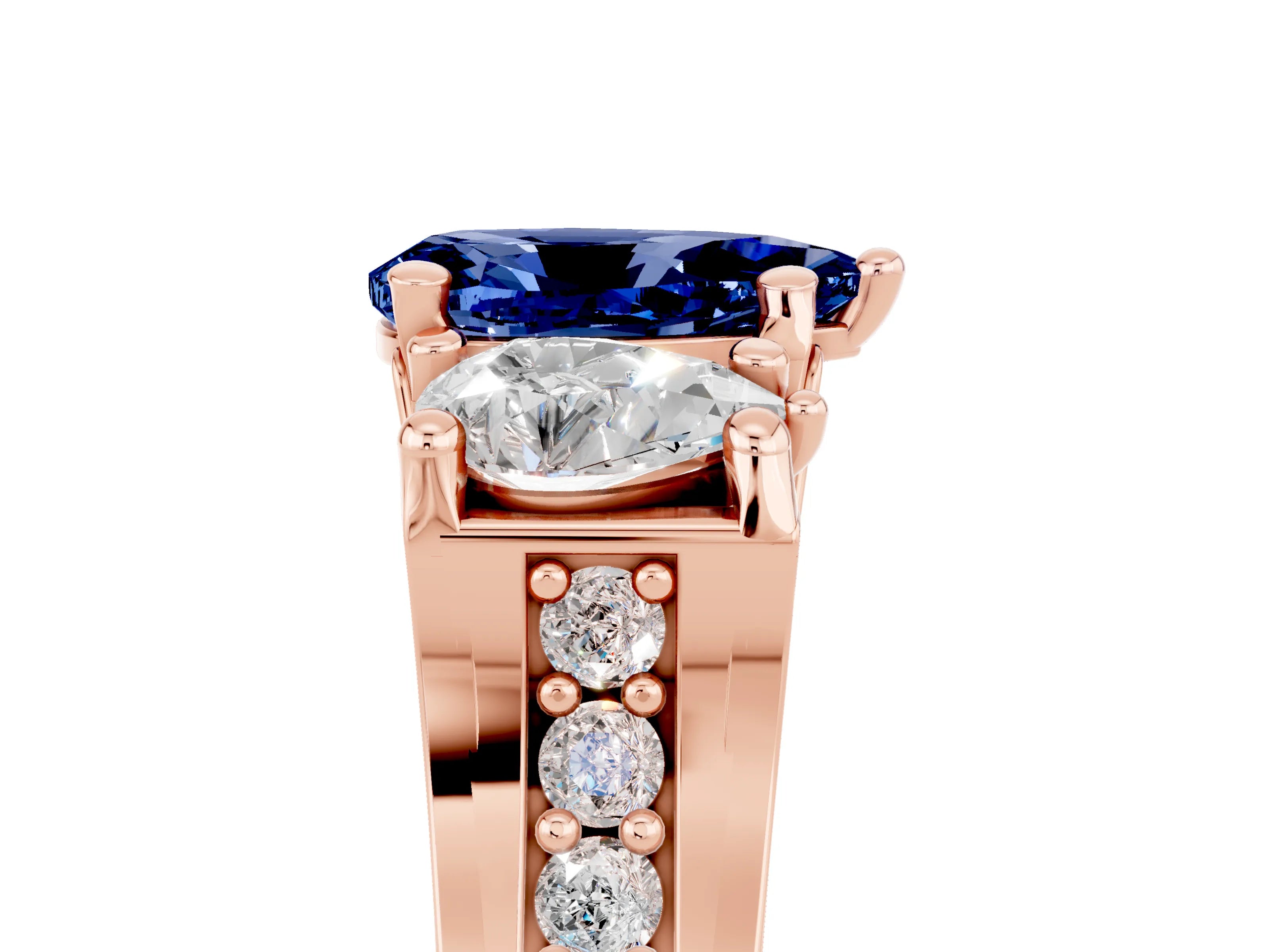 Rose gold Pear Cut Blue Sapphire Three-Stone Ring with Channel Set Band and Four-Prong Setting_5