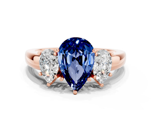 Rose gold Pear Cut Blue Sapphire Three-Stone Ring with Four-Prong Setting and Classic Band