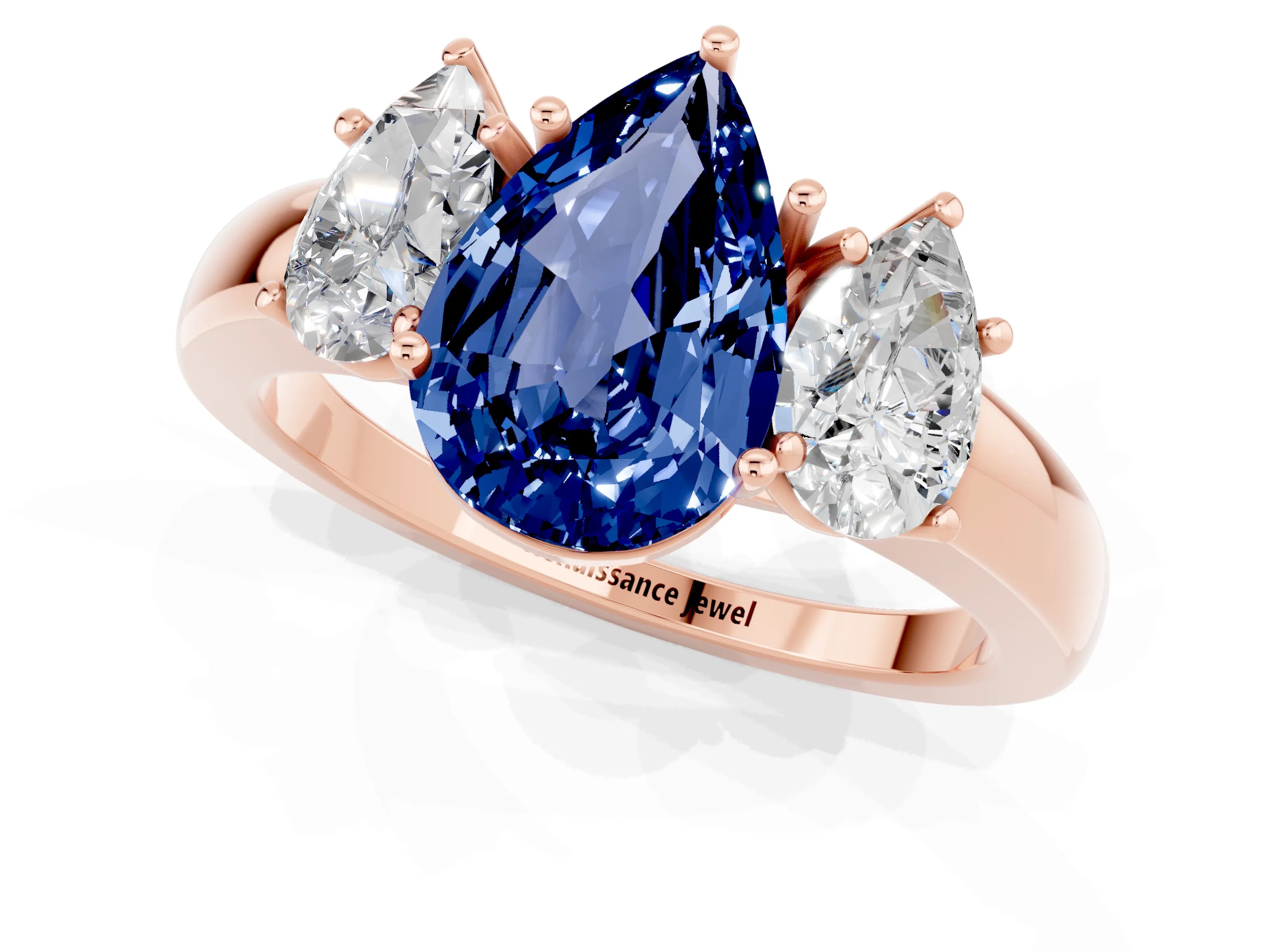 Rose gold Pear Cut Blue Sapphire Three-Stone Ring with Four-Prong Setting and Classic Band_1