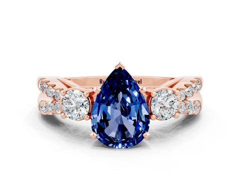 Rose gold Pear Cut Blue Sapphire Three-Stone Ring with Pavé Split Shank and Four-Prong Setting_12