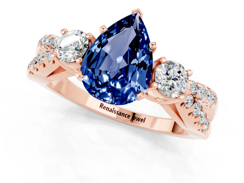 Rose gold Pear Cut Blue Sapphire Three-Stone Ring with Pavé Split Shank and Four-Prong Setting_13