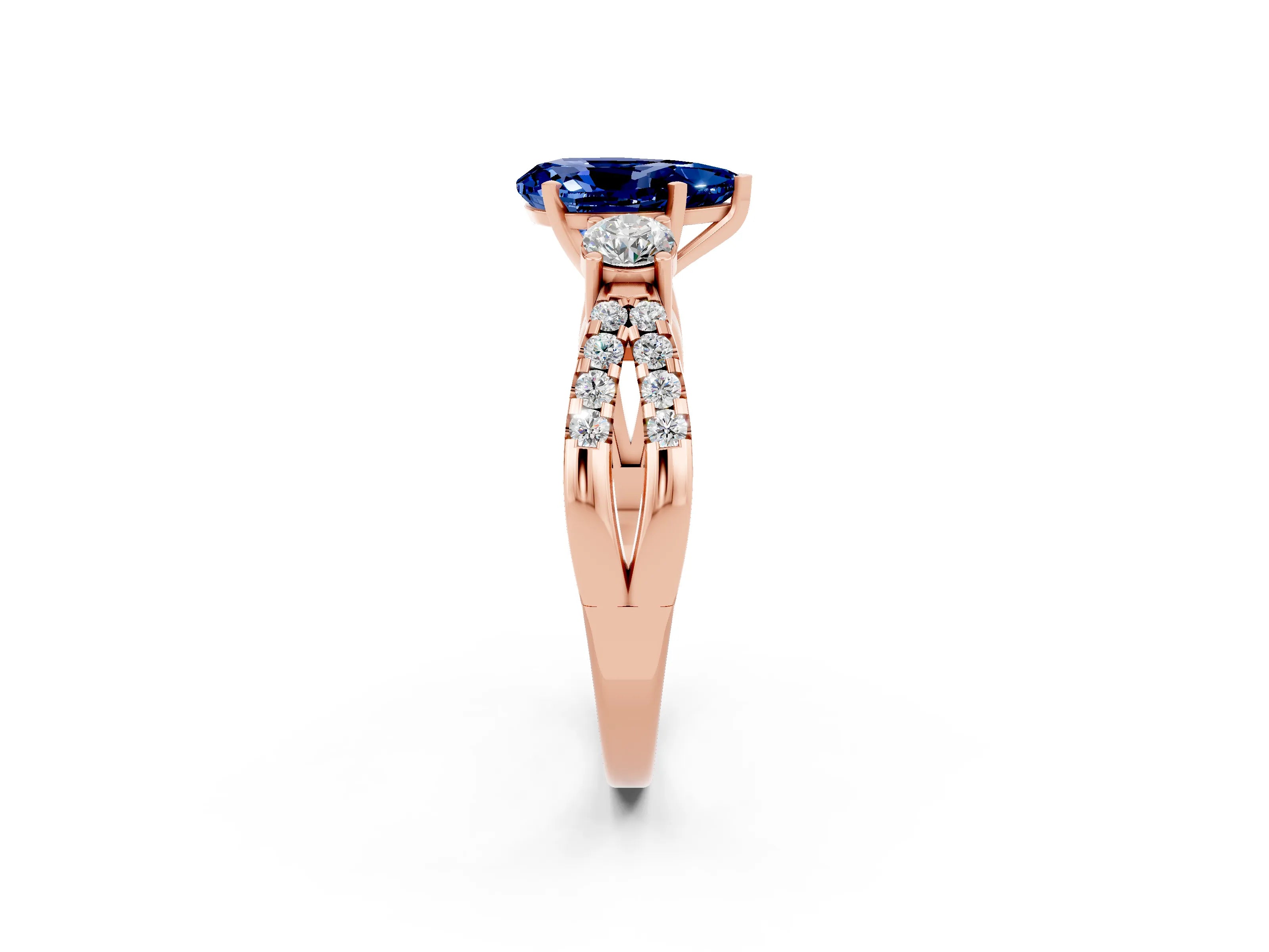 Rose gold Pear Cut Blue Sapphire Three-Stone Ring with Pavé Split Shank and Four-Prong Setting_14